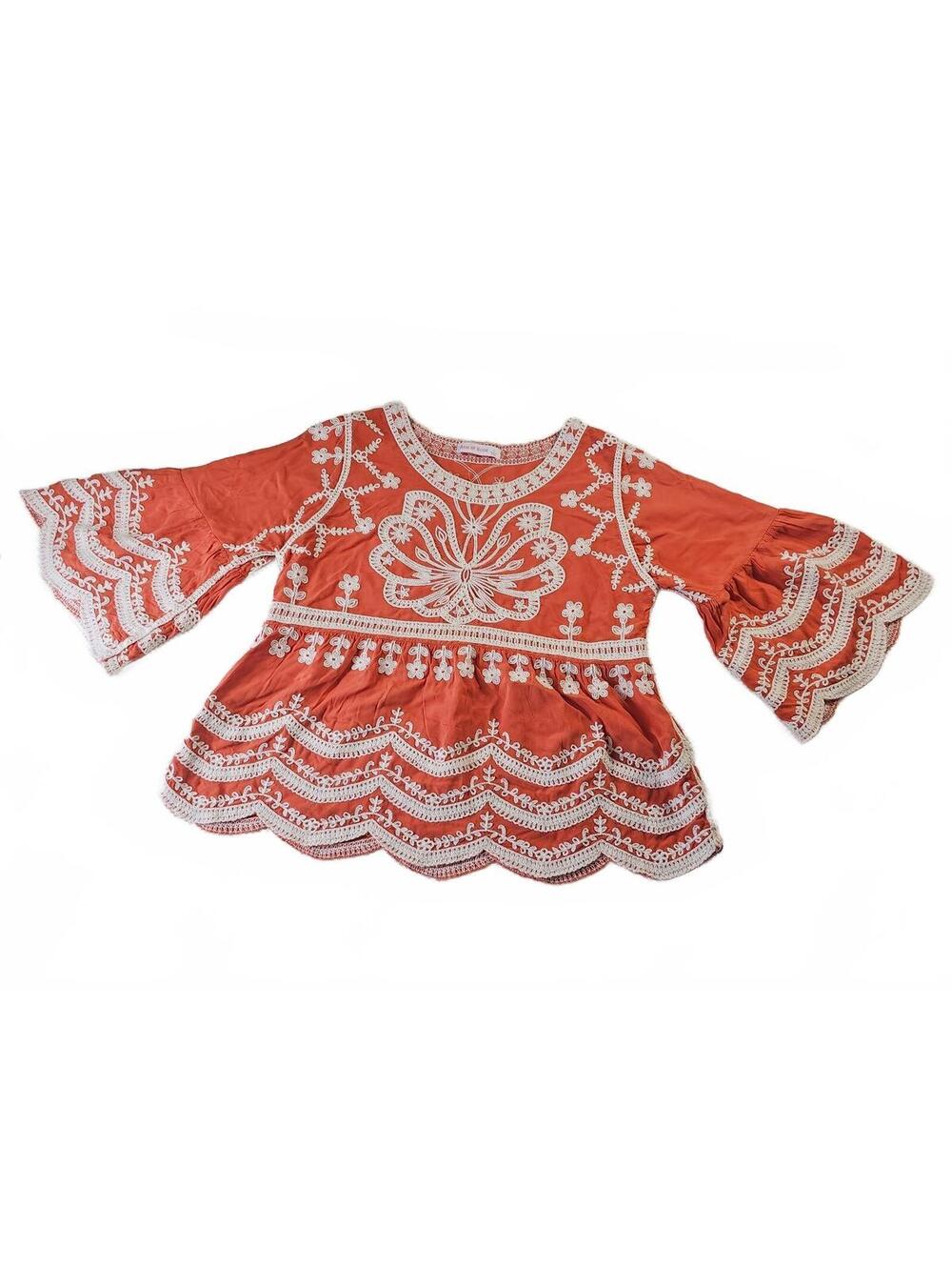 Anna & Rose Girls Orange Embroidered Bell Sleeve Top Size Large